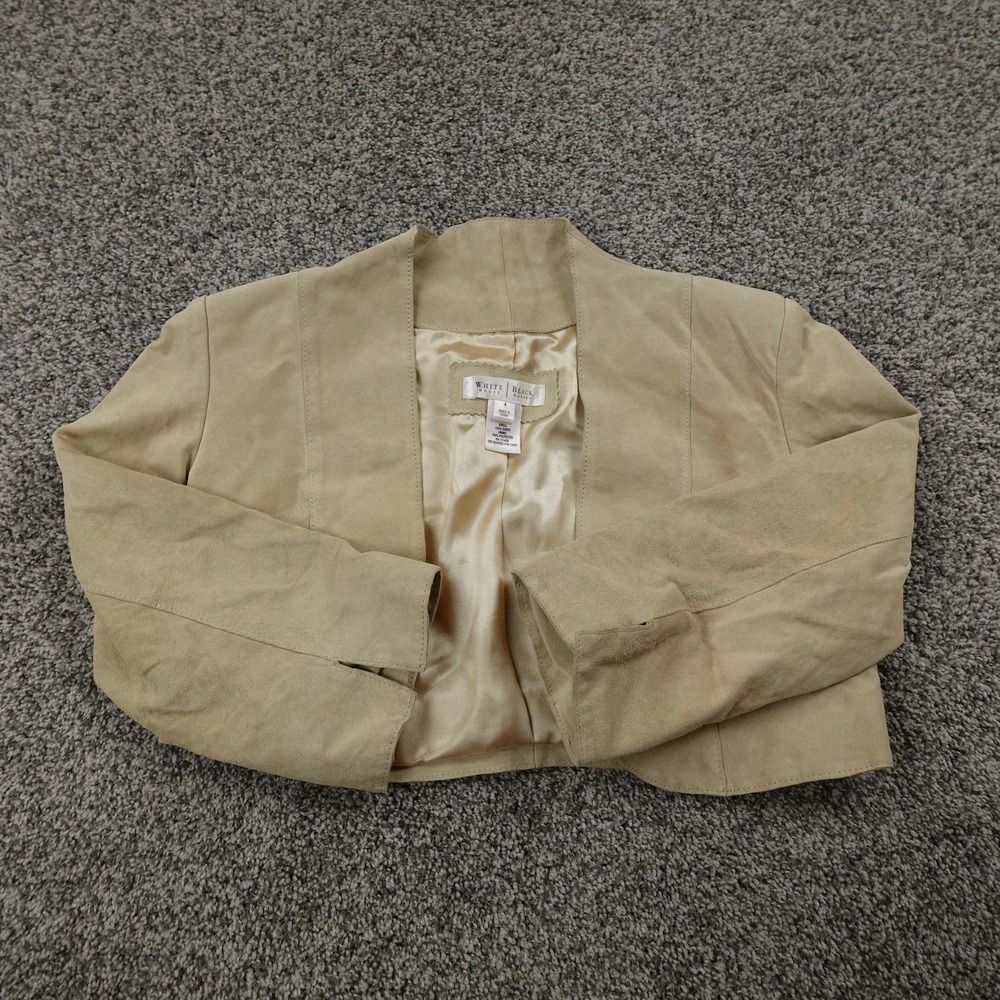 WHBM Jacket Womens 4 Beige Tan Suede Leather Open Front Lined Crop Bolero Coat